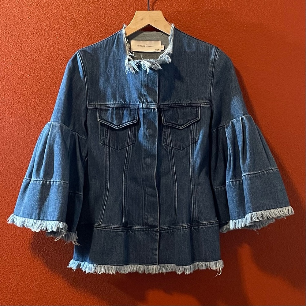 Marques Almeida Women’s Blue Snap Closure Raw Edge Bell Sleeve Boho Jean‎ Jacket